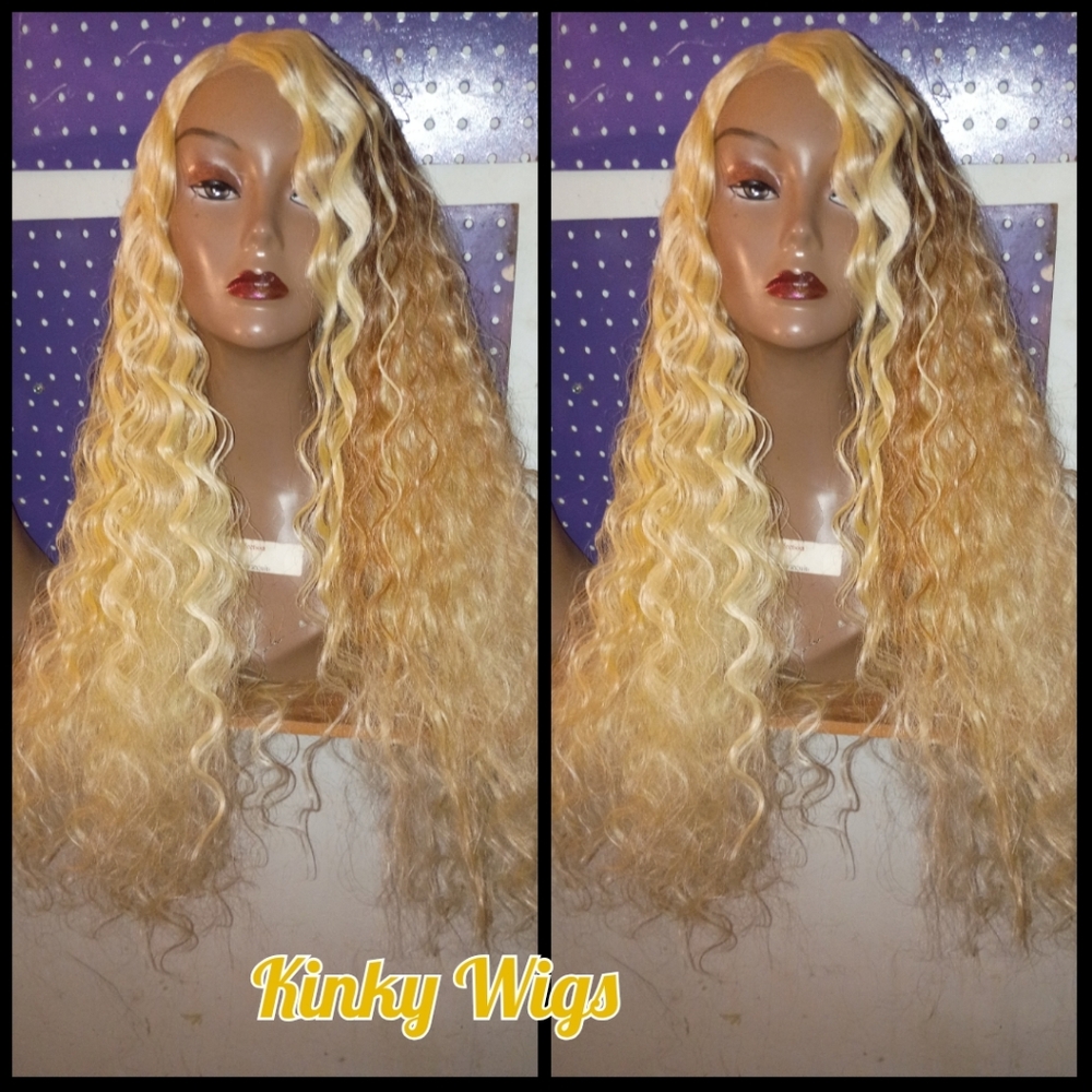 32' 613 Blonde #27 highlights Hd Part Closure Human Blend Hair Wig